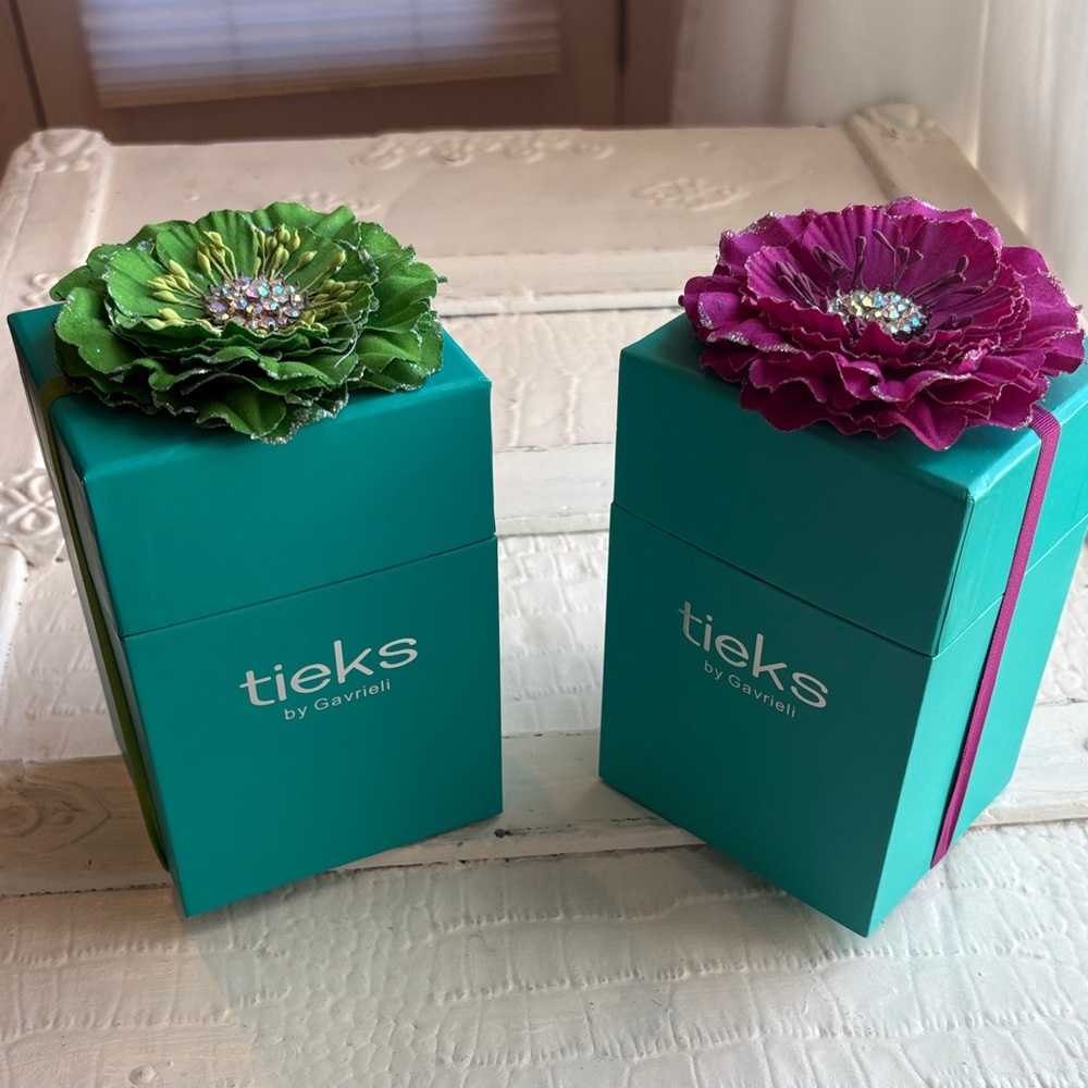 Tieks Teal Boxes with Green and Purple Flower Accents